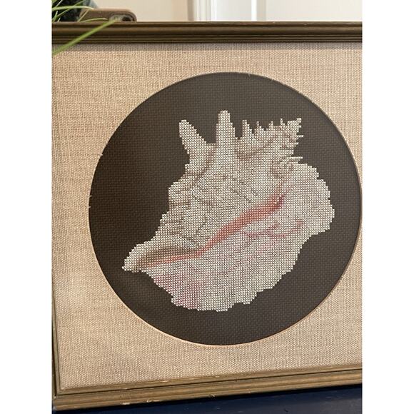 Conch Seashell Cross Stitch Framed Artwork Brown and Cream Wood Framed Beach - Picture 2 of 7